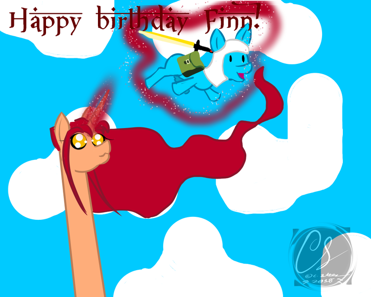 Size: 1000x800 | Tagged: safe, artist:adhiguna, artist:johnathon-matthews, derpibooru import, oc, oc:finn the pony, oc:khunis jirall, adventure time, background, birthday gift, deviantart watermark, image, obtrusive watermark, png, watermark