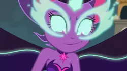 Size: 3410x1920 | Tagged: safe, derpibooru import, screencap, sci-twi, twilight sparkle, equestria girls, friendship games, bare shoulders, canterlot high, female, high res, image, jpeg, midnight sparkle, sleeveless, smiling, smirk, solo, spread wings, strapless, wings