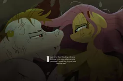 Size: 6792x4500 | Tagged: safe, artist:heavysplatter, derpibooru import, bulk biceps, fluttershy, pegasus, pony, absurd resolution, bleeding, blood, female, floppy ears, flutterbulk, image, looking at each other, looking at someone, male, messy mane, png, scratches, shipping, smiling, smiling at each other, straight, text