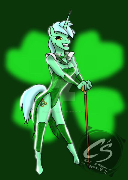 Size: 1024x1442 | Tagged: safe, artist:adhiguna, artist:johnathon-matthews, derpibooru import, lyra heartstrings, anthro, unicorn, cane, clothes, deviantart watermark, holiday, image, jpeg, obtrusive watermark, old art, saint patrick's day, solo, watermark