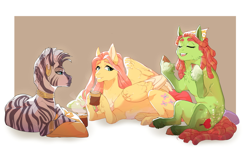 Size: 2312x1512 | Tagged: safe, artist:yozora122, derpibooru import, fluttershy, tree hugger, zecora, earth pony, pegasus, pony, zebra, cheek fluff, food, image, jpeg, lying down, prone, tea, trio