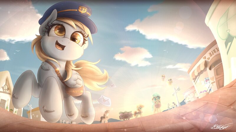 Size: 1920x1079 | Tagged: safe, artist:phoenixrk49, derpibooru import, berry punch, berryshine, bon bon, carrot top, derpy hooves, golden harvest, lyra heartstrings, octavia melody, sunshower raindrops, sweetie drops, vinyl scratch, oc, earth pony, pegasus, pony, unicorn, bag, basket, carrot, cute, derp, derpabetes, eye reflection, female, flying, food, glasses, hat, heart, horn, image, jpeg, mail, mailbag, mare, mouth hold, open mouth, reflection, signature, vinyl's glasses, wings