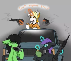 Size: 2460x2092 | Tagged: safe, derpibooru import, oc, oc:anonfilly, oc:dyx, oc:nyx, alicorn, earth pony, pony, 1911, ar15, car, chest fluff, ear fluff, female, filly, foal, gun, image, m60, magic, payday 2, png, trio, trio female, truck, weapon