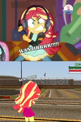 Size: 1526x2289 | Tagged: safe, derpibooru import, sunset shimmer, equestria girls, equestria girls series, game stream, spoiler:eqg series (season 2), angry, gamer sunset, grand theft auto, gta san andreas, image, indonesia, insanity, jpeg, sunset shimmer is best facemaker, video game