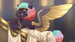 Size: 3840x2160 | Tagged: safe, artist:kez, derpibooru import, oc, oc:velvetine, anthro, pegasus, egyptian, image, jewelry, png, solo