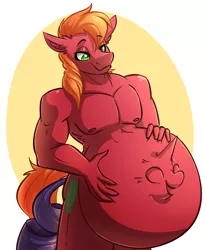 Size: 3298x4000 | Tagged: suggestive, artist:witchtaunter, derpibooru import, big macintosh, rarity, anthro, earth pony, unicorn, absorption, anal vore, belly, big belly, big macinpred, commission, commissioner:reversalmushroom, female, female prey, female>male ass worship, fetish, fusion, image, implied rarity, male, male nipples, male pred, nipples, nudity, png, rarimac, rariprey, shipping, smiling, straight, vore, we have become one, willing vore