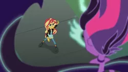 Size: 3410x1920 | Tagged: safe, derpibooru import, screencap, sci-twi, sunset shimmer, twilight sparkle, equestria girls, friendship games, bare shoulders, boots, clothes, duo, duo female, female, high heel boots, high res, image, jacket, jpeg, leather, leather jacket, midnight sparkle, shoes, sleeveless, spread wings, strapless, wings