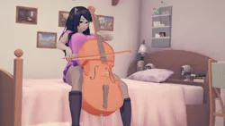 Size: 3840x2160 | Tagged: safe, artist:jalias3d, derpibooru import, octavia melody, human, 3d, bed, bedroom, boots, bow (instrument), breasts, busty octavia melody, cello, cello bow, clothes, dress, eared humanization, humanized, image, koikatsu, musical instrument, pantyhose, png, shoes