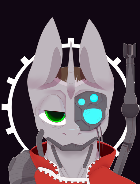 Size: 3200x4200 | Tagged: safe, artist:chapaevv, derpibooru import, oc, oc:grey shore, cyborg, unicorn, adeptus mechanicus, augmented, bust, commission, crossover, image, looking at you, male, png, portrait, solo, solo male, warhammer (game), warhammer 40k