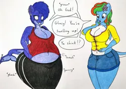 Size: 1280x905 | Tagged: suggestive, artist:thaliaglacyswells, derpibooru import, oc, oc:glacy tundra, oc:thalia blu, anthro, hybrid, orca, orca pony, original species, shark, shark pony, blueberry inflation, comic, curvy, image, inflation, jpeg, sequence, traditional art