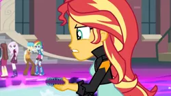 Size: 3410x1920 | Tagged: safe, derpibooru import, screencap, fleur-de-lis, rainbow dash, sunset shimmer, velvet sky, equestria girls, friendship games, boots, canterlot high, clothes, female, high res, image, jacket, jpeg, leather, leather jacket, magic capture device, male, open mouth, shoes