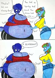 Size: 904x1280 | Tagged: suggestive, artist:thaliaglacyswells, derpibooru import, oc, oc:glacy tundra, oc:thalia blu, unofficial characters only, anthro, hybrid, orca, orca pony, original species, shark, shark pony, blueberry inflation, comic, curvy, image, inflation, jpeg, sequence, traditional art