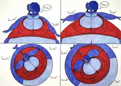 Size: 1280x906 | Tagged: suggestive, artist:thaliaglacyswells, derpibooru import, oc, oc:glacy tundra, unofficial characters only, anthro, hybrid, orca, orca pony, original species, blueberry inflation, comic, image, inflation, jpeg, sequence, solo, traditional art