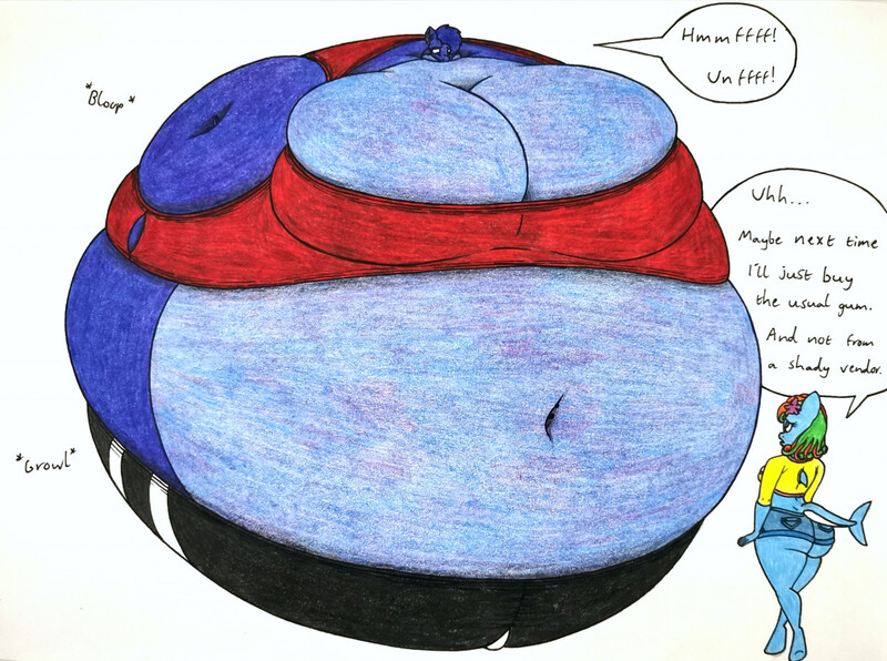 Size: 1280x954 | Tagged: suggestive, artist:thaliaglacyswells, derpibooru import, oc, oc:glacy tundra, oc:thalia blu, unofficial characters only, anthro, hybrid, orca, orca pony, original species, shark, shark pony, blueberry inflation, comic, image, inflation, jpeg, sequence, traditional art