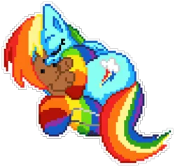 Size: 860x820 | Tagged: safe, artist:discrete turtle, artist:epicvon, artist:pixelsofsin, derpibooru import, rainbow dash, pegasus, pony, clothes, eyes closed, female, image, manepxls, mare, pixel art, plushie, png, pxls.space, rainbow socks, simple background, sleeping, socks, solo, striped socks, teddy bear, transparent background