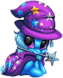 Size: 1026x1278 | Tagged: artist needed, safe, artist:dasheroni, derpibooru import, trixie, pony, unicorn, big eyes, cape, clothes, cute, female, filly, foal, hat, image, manepxls, mouth hold, pixel art, png, pxls.space, simple background, sitting, solo, transparent background, trixie's cape, trixie's hat, wand