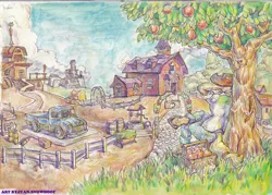 Size: 3484x2488 | Tagged: safe, artist:tass_the_bovine, derpibooru import, applejack, apple, apple basket, apple tree, barn, basket, dieselpunk equestria, farm, fence, food, image, jpeg, solo, sweet apple acres, traditional art, tree, truck