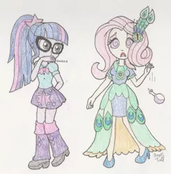 Size: 878x893 | Tagged: safe, artist:bageloftime, derpibooru import, fluttershy, sci-twi, twilight sparkle, equestria girls, clothes, dress, duo, female, gala dress, image, jpeg, mind control, potion, prank, swirly eyes, traditional art