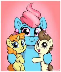 Size: 1146x1340 | Tagged: safe, artist:heretichesh, derpibooru import, cup cake, pound cake, pumpkin cake, earth pony, pegasus, pony, unicorn, colt, cute, female, filly, foal, gradient background, group hug, hug, image, jpeg, looking at you, male, mare, mother and child, older, older pound cake, older pumpkin cake, open mouth, open smile, smiling, smiling at you, trio