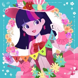 Size: 1274x1274 | Tagged: safe, artist:efuji_d, derpibooru import, twilight sparkle, equestria girls, bow, clothes, dress, ear piercing, earring, easter egg, female, flag, flower, hat, image, jewelry, jpeg, open mouth, open smile, piercing, smiling, solo