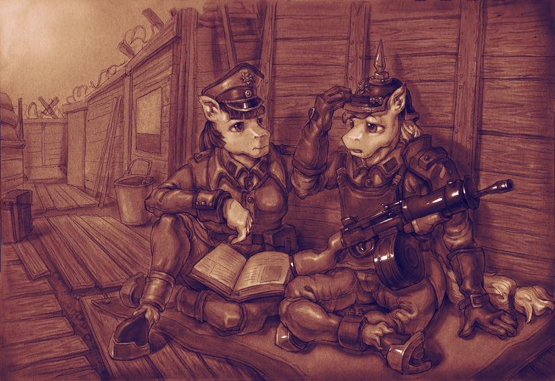 Size: 2123x1456 | Tagged: safe, artist:tass_the_bovine, derpibooru import, applejack, twilight sparkle, anthro, earth pony, unguligrade anthro, unicorn, clothes, dieselpunk equestria, female, gun, image, lesbian, machine gun, monochrome, pickelhaube, png, sepia, shipping, traditional art, trench, twijack, uniform, weapon