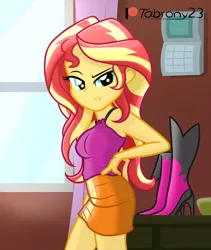 Size: 954x1130 | Tagged: safe, artist:tabrony23, derpibooru import, sunset shimmer, equestria girls, annoyed, bare shoulders, bedroom eyes, boots, breasts, bunset shimmer, busty sunset shimmer, butt, clothes, confused, female, high heel boots, image, looking at you, patreon, patreon exclusive, patreon logo, png, sexy, shoes, show accurate, skirt, solo, solo female, stupid sexy sunset shimmer, window