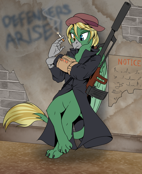 Size: 1470x1800 | Tagged: safe, artist:redahfuhrerking, derpibooru import, oc, oc:arcturus aquila, gryphon, fallout equestria, assault rifle, cigarette, gun, image, pipbuck, png, rifle, solo, weapon