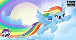 Size: 1200x630 | Tagged: safe, derpibooru import, official, rainbow dash, pegasus, pony, facebook, flying, gameloft, image, my little pony logo, png, rainbow trail, solo