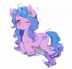 Size: 2048x1964 | Tagged: safe, artist:moh_mlp2, derpibooru import, izzy moonbow, pony, unicorn, bracelet, cute, emanata, female, g5, horn, image, izzybetes, jewelry, jpeg, looking at you, mare, one eye closed, simple background, solo, white background, wink, winking at you