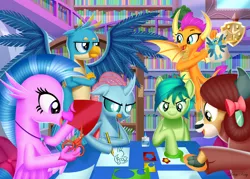 Size: 3500x2500 | Tagged: safe, artist:leonkay, derpibooru import, gallus, ocellus, sandbar, silverstream, smolder, yona, changedling, changeling, classical hippogriff, dragon, gryphon, hippogriff, pony, yak, bookshelf, drawing, image, library, paper, png, school of friendship, scissors, student six, tongue out