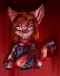 Size: 1024x1302 | Tagged: semi-grimdark, artist:maneblue, derpibooru import, ponified, earth pony, pony, axe, blood, child's play, chucky, clothes, ear fluff, image, jpeg, overalls, weapon