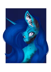 Size: 1024x1430 | Tagged: semi-grimdark, artist:maneblue, derpibooru import, oc, unofficial characters only, pony, undead, unicorn, zombie, zombie pony, blood, bust, eyelashes, female, horn, image, mare, png, simple background, smiling, solo, transparent background, unicorn oc