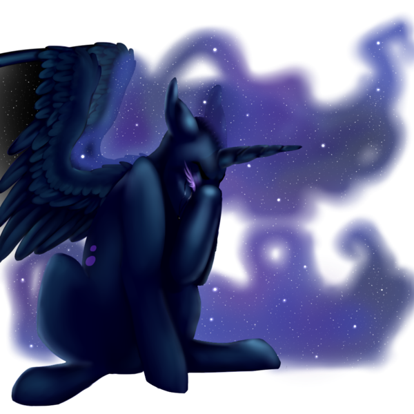 Size: 1000x1000 | Tagged: safe, artist:modharvest, derpibooru import, nightmare moon, alicorn, pony, blue eyes, blue mane, crying, ethereal mane, feather, female, flowing mane, flowing tail, horn, image, mare, png, sad, simple background, sitting, solo, spread wings, starry mane, tail, transparent background, wings