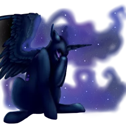 Size: 1000x1000 | Tagged: safe, artist:modharvest, derpibooru import, nightmare moon, alicorn, pony, blue eyes, blue mane, crying, ethereal mane, feather, female, flowing mane, flowing tail, horn, image, mare, png, sad, simple background, sitting, solo, spread wings, starry mane, tail, transparent background, wings