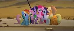 Size: 4094x1740 | Tagged: safe, derpibooru import, screencap, applejack, fluttershy, pinkie pie, rainbow dash, rarity, spike, twilight sparkle, twilight sparkle (alicorn), alicorn, dragon, earth pony, pegasus, pony, unicorn, my little pony: the movie, applejack's hat, bipedal, cowboy hat, female, hat, high res, image, jpeg, male, mane seven, mane six, mare, open mouth, open smile, smiling