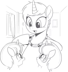 Size: 1182x1260 | Tagged: safe, artist:nauyaco, derpibooru import, oc, unofficial characters only, pony, unicorn, colt, female, foal, image, jewelry, male, mare, monochrome, necklace, png