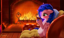 Size: 2000x1200 | Tagged: safe, artist:darksly, derpibooru import, oc, unofficial characters only, pegasus, pony, belly button, blanket, blushing, chair, cloven hooves, commission, female, fire, fireplace, floppy ears, image, indoors, jpeg, lidded eyes, mare, mug, pillow, sitting, smiling, solo, two toned coat