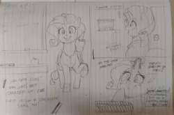 Size: 3488x2304 | Tagged: safe, artist:sirmasterdufel, derpibooru import, part of a set, rarity, pony, unicorn, cake, clothes, comic, dialogue, female, food, glow, glowing horn, horn, image, jpeg, lined paper, mare, open mouth, open smile, part of a series, raised hoof, school, shirt, sketch, smiling, teacher, this will end in weight gain, traditional art, weight gain sequence