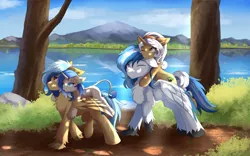 Size: 1920x1200 | Tagged: safe, artist:lunar froxy, derpibooru import, oc, unofficial characters only, hippogriff, pony, unicorn, commission, female, group, image, jpeg, leonine tail, male, mare, mountain, scenery, smiling, tail, water