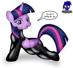 Size: 4154x3840 | Tagged: safe, artist:damlanil, derpibooru import, twilight sparkle, twilight sparkle (alicorn), alicorn, pony, bodysuit, bottomless, catsuit, celestia intelligence agency, clothes, comic, cute, female, horn, image, latex, latex suit, looking at you, mare, open mouth, partial nudity, png, rubber, shiny, simple background, smiling, solo, speech bubble, stretching, suit, talking, talking to viewer, text, transparent background, vector, wings