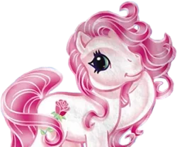 Size: 849x706 | Tagged: safe, derpibooru import, official, desert rose, earth pony, pony, cropped, flower, flowing mane, g3, green eyes, hoof on chin, image, pink hair, pink mane, png, pose, rose, simple background, solo, transparent background, white coat