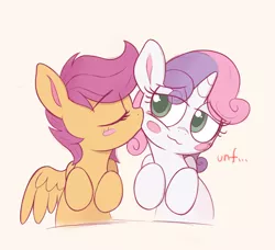 Size: 1486x1358 | Tagged: safe, artist:kqaii, derpibooru import, scootaloo, sweetie belle, pegasus, pony, unicorn, :3, blush sticker, blushing, eye clipping through hair, eyes closed, female, image, jpeg, kiss on the cheek, kissing, lesbian, lidded eyes, scootabelle, shipping, smiling, spread wings, unf, wings