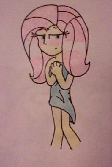 Size: 377x563 | Tagged: safe, artist:imtailsthefoxfan, derpibooru import, fluttershy, equestria girls, blushing, embarrassed, embarrassed body exposure, female, image, jpeg, solo, towel, traditional art