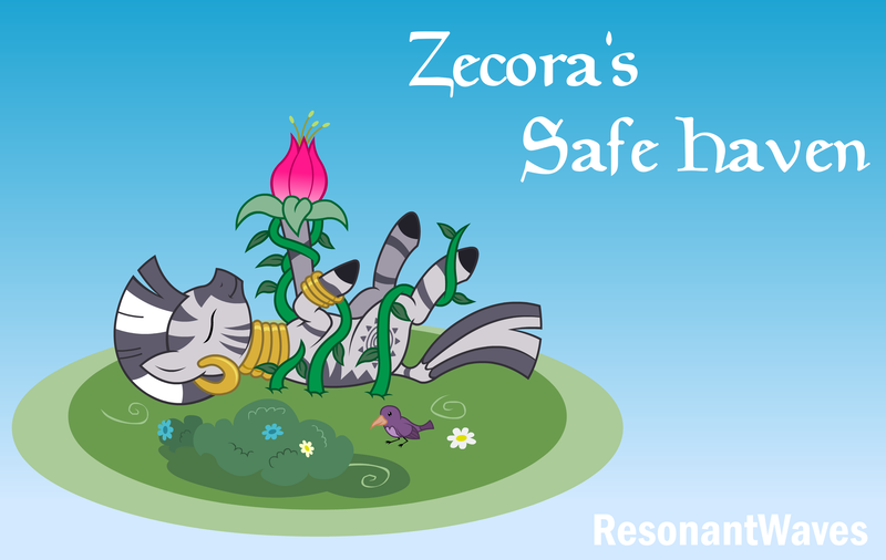 Size: 2880x1820 | Tagged: safe, artist:foxdeimos, derpibooru import, zecora, bird, zebra, bush, female, flower, image, lying down, lying in grass, png, sky, solo