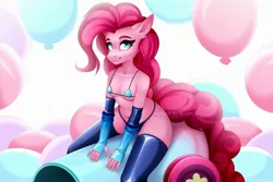 Size: 2560x1706 | Tagged: suggestive, artist:buvanybu, derpibooru import, pinkie pie, anthro, earth pony, arm warmers, balloon, bikini, breasts, clothes, erect nipples, female, fingerless gloves, gloves, image, jpeg, micro bikini, nail polish, party cannon, sitting, skimpy outfit, socks, solo, solo female, stockings, swimsuit, thigh highs
