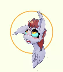 Size: 1868x2145 | Tagged: safe, artist:i love hurt, derpibooru import, oc, oc:naif tail, unofficial characters only, bat pony, pony, bust, chest fluff, female, image, looking up, mare, nimbus, one ear down, png, portrait, red hair, simple background, solo