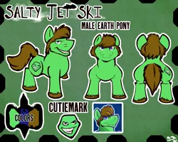 Size: 3545x2836 | Tagged: safe, artist:sjru st, derpibooru import, oc, oc:salty jet ski, unofficial characters only, earth pony, pony, blue eyes, brown mane, cutie mark, earth pony oc, green background, image, male, png, rear view, reference sheet, simple background, smiling, solo, stallion, tail, text