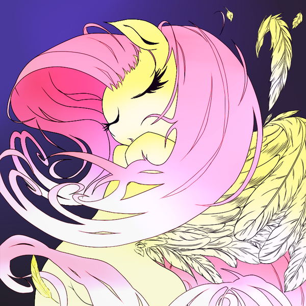 Size: 800x800 | Tagged: safe, artist:zat, derpibooru import, fluttershy, pegasus, pony, eyes closed, feather, feathered wings, female, gradient background, image, mare, png, solo, wings