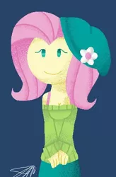 Size: 316x483 | Tagged: safe, artist:imtailsthefoxfan, derpibooru import, fluttershy, equestria girls, blue background, clothes, female, hat, image, jpeg, simple background, smiling, solo