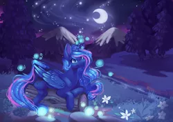 Size: 4096x2896 | Tagged: safe, artist:cutepencilcase, derpibooru import, princess luna, alicorn, pony, crescent moon, female, flower, freckles, image, log, mare, moon, mountain, night, png, scenery, smiling, solo